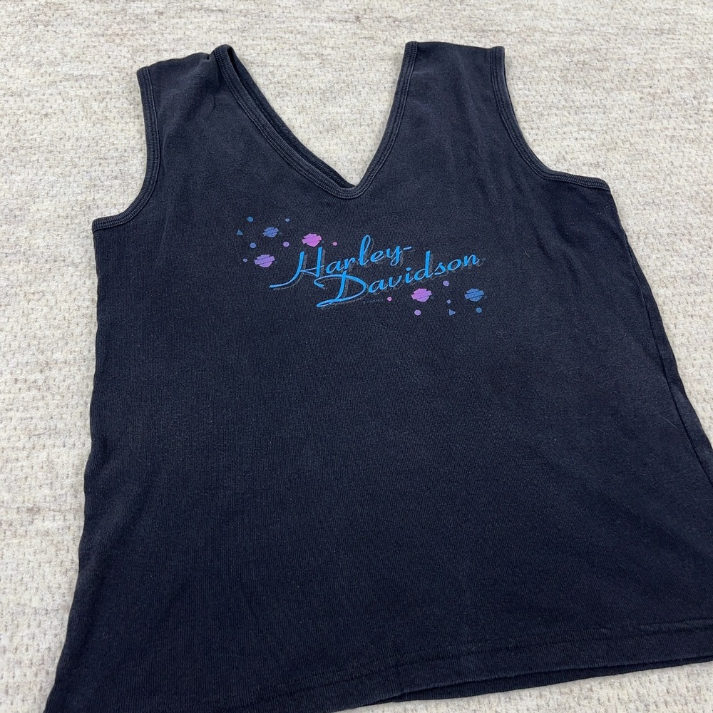 Vintage Y2K Harley Davidson Shirt Women Large Black Tank Top V Neck Faded Tattoo - Picture 6 of 16